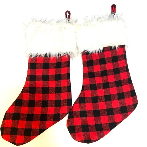 Red and Black Buffalo Plaid Christmas Santa Stockings. Faux Fur Trim 18"L x 7.5W - Picture 2 of 11